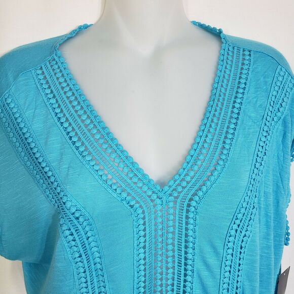 Relativity Womens Top Medium Teal V Neck Cap Sleeves High Low Peplum Crochet - Picture 3 of 10